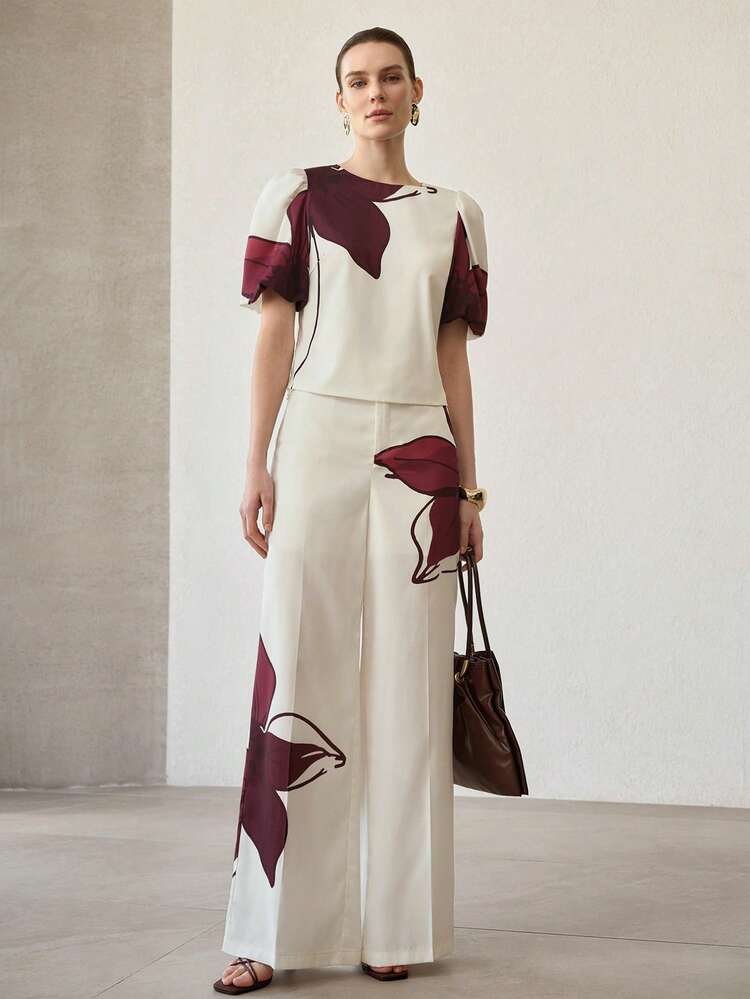 WOMEN ASYMMETRIC FLORAL PRINT SHORT SLEEVE TOP AND PANTS 2 PIECES SET