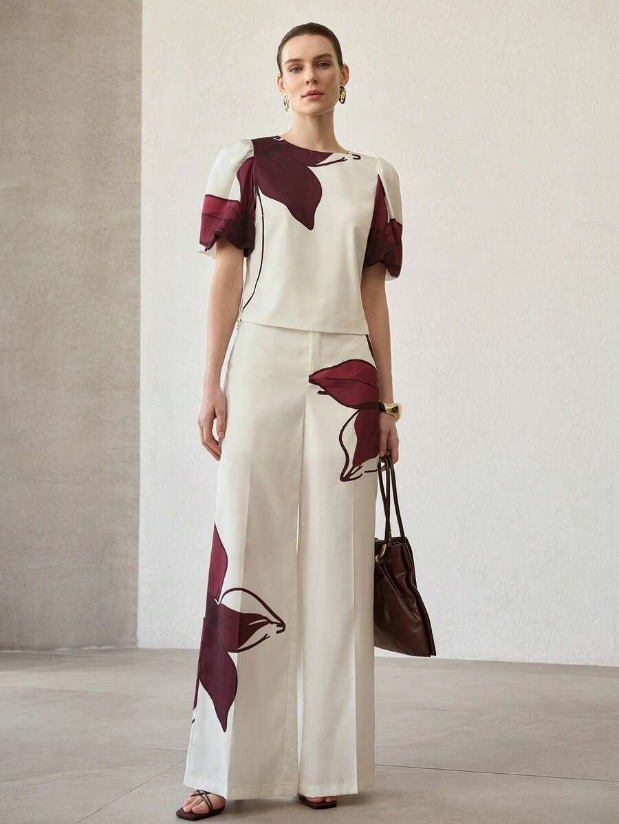 MOTF PREMIUM WOMEN ASYMMETRIC FLORAL PRINT SHORT SLEEVE TOP AND PANTS 2 PIECES SET - Apricot - View 1