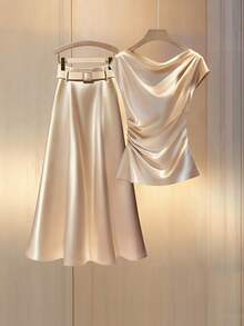 Franclia Women Champagne Gold Elegant Satin 2 Pieces Set,Summer Draped Collar Ruffle Trim Belt Decor A-Line Silk Skirt And Top Set For Dining & Commuter - Apricot - View 1