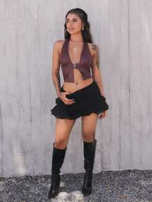 Rayane Ketlyn Women Buckle Front Backless Crop PU Leather Halter Top - Burgundy - View 6