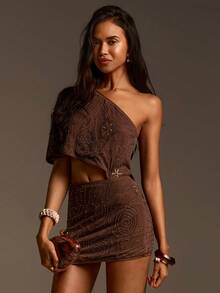 Athîral 女士休闲度假无袖镂空直筒卡其色串珠亮片刺绣迷你连衣裙 - 卡其色 - 查看 3