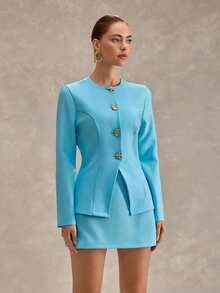 CLARA VERO Damen Zweiteiler aus asymmetrischem Blazer mit Metall-Schnalle zur Taillierung und Langarm sowie Rock mit niedriger Taille, Ozean-Element-Motiv - Babyblau - Übersicht 6