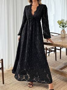 Louniche 女士V领撞色蕾丝纹理面料A字连衣裙，休闲度假风，春夏款 - 黑色 - 查看 7