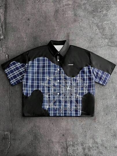 AXEPEAK 男士格子印花水钻装饰前扣休闲短袖衬衫