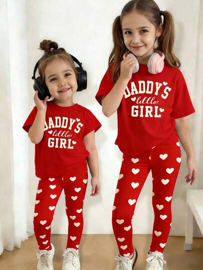 2pcs/Set Young Girl Casual Chic Creative Personalized Fresh Cute Minimalist Heart Graphic Tee And Leggings Outfit, Comfortable Daily Wear, Suitable For Spring, Summer, Autumn