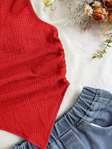 SHEIN Tween Girl Solid Asymmetric Hem Textured Knit Crop Camisole Knitted Ribbed Tube Top Red Tank Cute Sweet Basic - Red - View 5