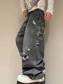 Manfinity EMRG 男士口袋拼接做旧设计休闲宽松直筒牛仔裤 - 灰色 - 查看 6