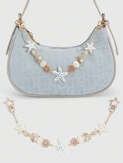 ROMWE Fairycore 1Pc Colorful Starfish Pendant Bag Charm For Vacation, A Shell Pearl  Metal Holiday Accessory, A Shiny Diamond Small Square Bag Keychain.