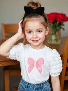 Young Girl Bow Print Round Neck Short Puff Sleeve Casual T-Shirt - White - View 7