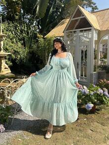 Lyrianda Robe longue à manches longues, à l'épaule dénudée, en mousseline de soie à fleurs, pour femmes grandes tailles - Multicolore - Voir 5