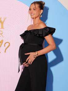 Loomaby Maternity Black And White Elegant Patchwork Ruffle Off Shoulder Wide Leg Jumpsuit,Summer Gender Reveal Baby Shower Dress,Spring Break Outfits Women - Black - View 7