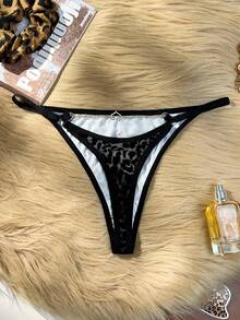 Bare Chapter 1件豹纹爱心金属带丁字裤 - 黑色 - 查看 7