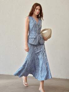 MOTF PREMIUM RAW EDGE TEXTURED KNIT BUCKLE BELTED BUTTON UP SLEEVELESS TOP - Blue - View 3