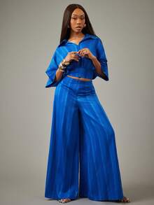 NYA SZN 配套拉链上衣和条纹阔腿裤 - 藍色 - 查看 6