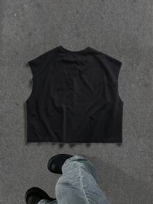 Manfinity ZONE917 Box-Shaped Cropped Street Style Faux Snowflake, Rhinestone, Star, Cross, Eye, Large Pattern Print Cropped Vest - Black - View 5