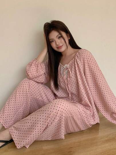 Dazy Plus 2pcs Cute Contrast Lace Loose Fit Top And Long Pants Pajama Set, Pink, Spring/Summer