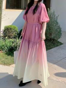 Dazy Plus Plus Size Women's Casual Vacation Elegant Ombre Bubble Sleeve Belted Midi Dress, Summer Sun Dresses For Women - Hot Pink - View 8