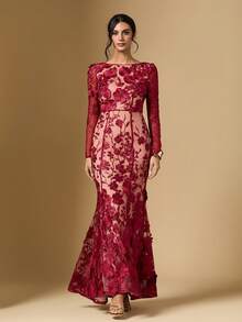 Briarwyn 女士优雅派对3D立体花卉刺绣网纱连衣裙 - 酒紅色 - 查看 6