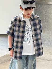 DAZY Tween Boy Rutig Kortärmad Enkelknäppt Avslappnad Lös Skjorta - Blå - Visa 2