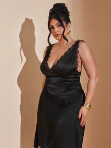 SHEIN BAE Spring And Summer Black Lace Satin Vest Elegant Date Travel Plus Size Vest Plus Size Tops - Black - View 4