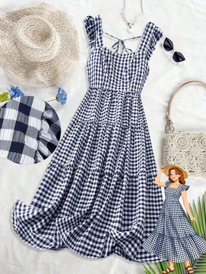 LanaWest 大码女式方领短袖收腰A字拼接西部乡村风亚麻休闲舒适中长连衣裙，春夏款