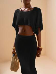 Zivah 2 pièces/set Top de plage tricoté et mini-jupe tricotée assortis, couleur unie élégante et décontractée pour les vacances - Noir - Voir 5
