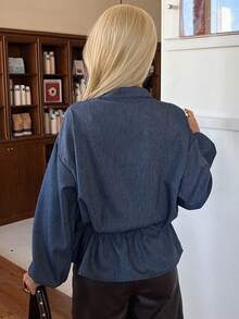 DAZY Women's Stand Collar Drawstring Tie Long Sleeve Casual Denim Jacket And Coat - Dark Wash - View 7