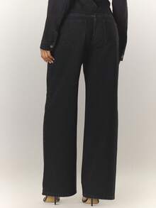 MUSERA Contrast Stitch Wide Leg Washed Tie Waist Denim Jeans Streetwear Cute Classy Casual Sexy Going Out Toffee Chic - Black - View 3