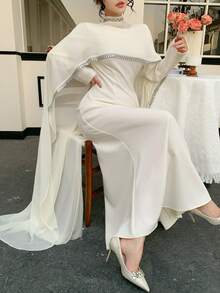 DAZY Women's Elegant Long Dress With Beaded Shawl Collar Design - Ivory White - View 7