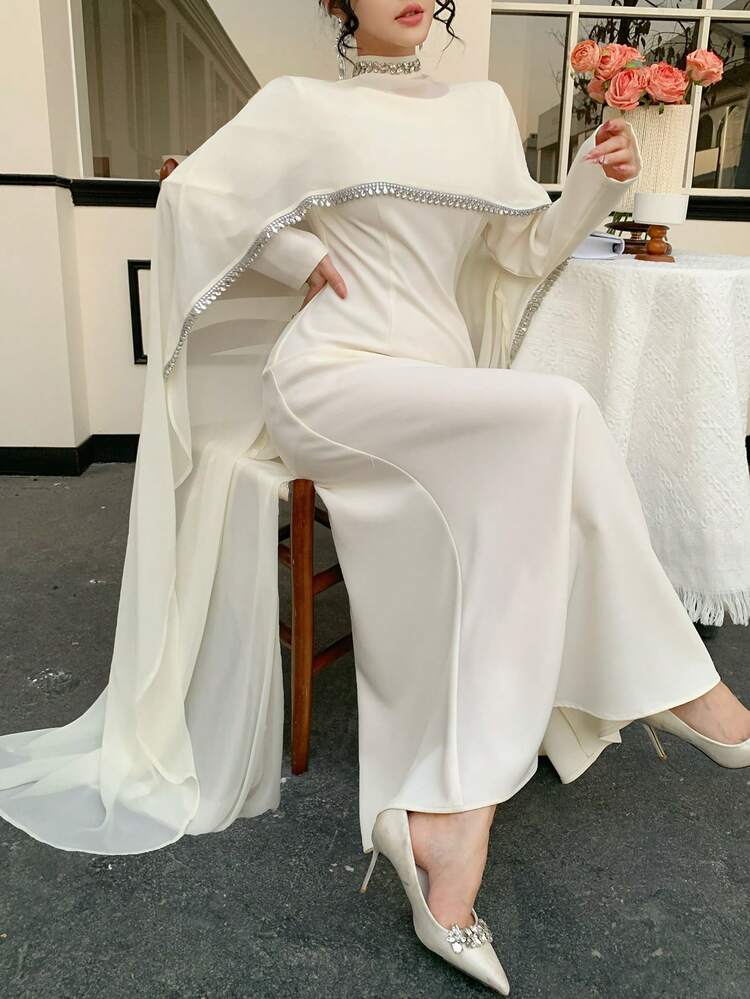 Women's Elegant Long Dress With Beaded Shawl Collar Design Sundress