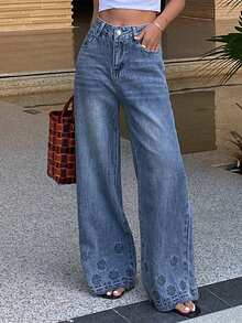 DAZY 女士常规腰围喇叭裤脚优雅牛仔裤 - 深色水洗藍 - 查看 5