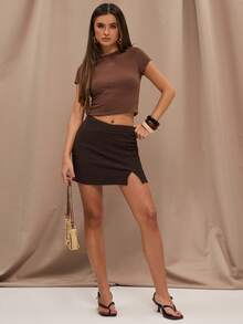 SHEIN BAE Women's Casual Brown Knitted Plain Mini Skirt With Split Detail - Brown - View 3