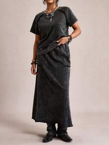 SHEIN LUNE Cotton 2-Piece Set: Women'S Music Festival Casual Solid Color Knit Crew Neck Short-Sleeved Loose Sweatshirt And Loose Skirt,Plus-Size Women'S Y2k Tie-Dye Two-Piece Set, Featuring Loose-Fitting Crew Neck Short-Sleeved Sweatshirt High-Waisted Long Skirt; Casual Street Style Two-Piece Set, Perfect For Comfortable Summer.Women Casual Solid Color Raglan Sleeve T-Shirt And Shorts Set,Suitable For Daily Wear, For Daily Wear,Simple Women Tops,Elegant And Fashionable For Commuting,Women Boho/Bohemian 2pcs Set Denim Maxi Skirt Two Piece Long Skirt Set Grunge Dress Anthropologie Clothes Layered Dress Dress With Pockets Black Western Dress Black Denim Dress Denim Dress For Curvy Woman Tie Waist Dress - Black - View 4