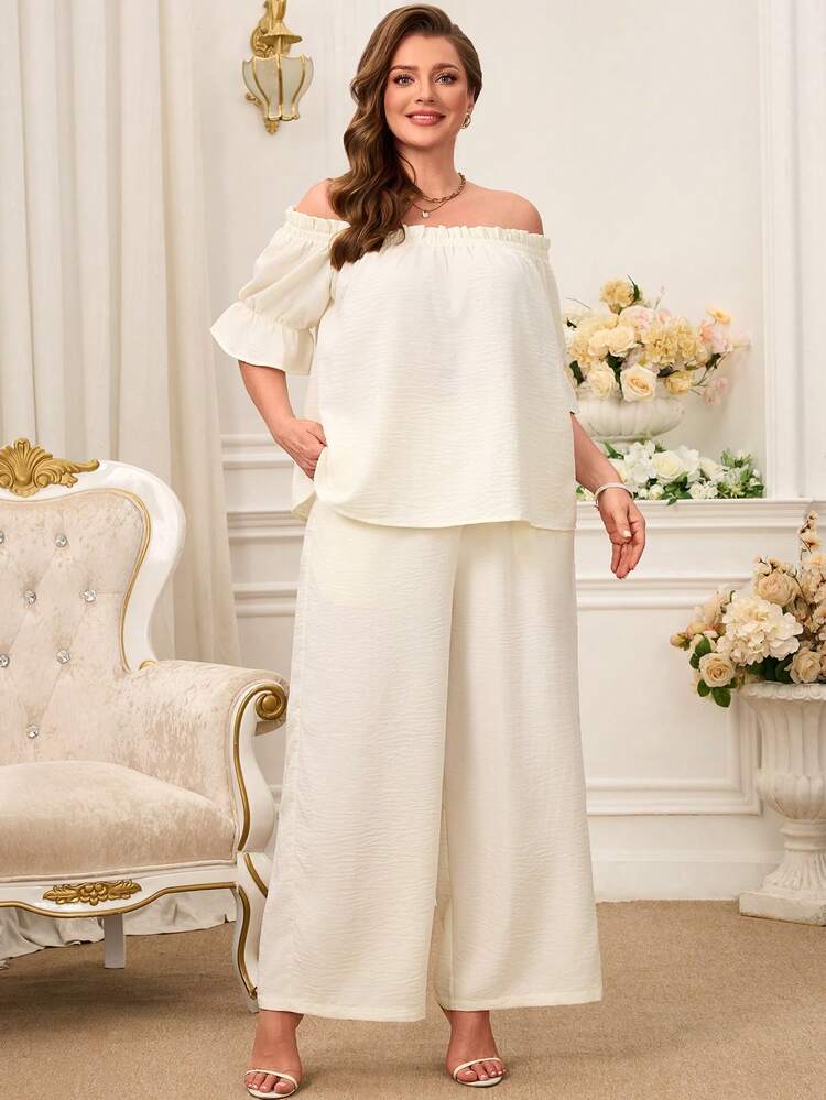 Plus Size Elegant Commuter Solid Color Off Shoulder Shirt And Pants Two Pieces Set For Summer/ Vacation Lounge Sets For Women Lounge Sets Plus Size Summer Outfit For Women Beach Vacation Outfits Elegant Party Outfit White Plus Size Jumpsuit
