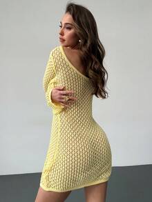 RiviMae Sexy V-Neck Tie-Up Hollow-Out Knitted Long Sleeve Beach Dress - Yellow - View 4