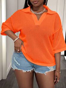 Slaydiva 宽松纯色V领落肩镂空针织休闲上衣，适合大码女性，春夏款 - 橘色 - 查看 5