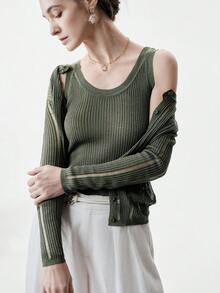 Aalyst 2pcs/Set Women's Hollow Out Shiny Knit Cover Up & Camisole Top, Lightweight Sun Protection Sweater, Summer - Army Green - View 7