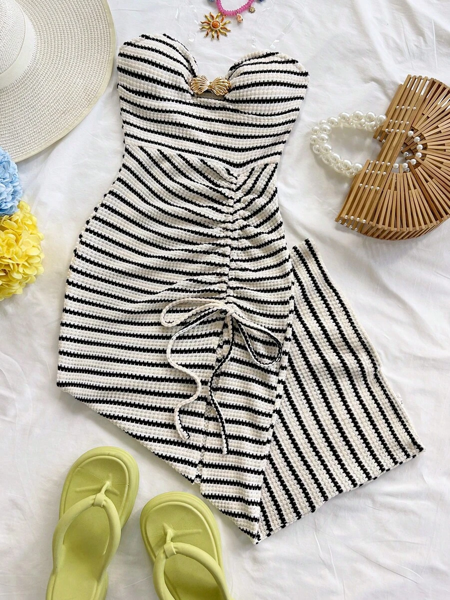 Soleia 新款优雅度假风无肩带贝壳扭结抽绳开衩长裙，春夏款 - 彩色 - 查看 1