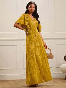 Lilora Đầm maxi màu vàng cho nữ, cổ chữ V, tay bồng, chất liệu jacquard, cài cúc phía trước, đầm maxi vải lanh, đầm màu vàng chanh, đầm dài màu vàng cho nữ. Kiểu dáng thanh lịch và tinh tế, phù hợp cho các buổi đi chơi, đi làm, mặc thường ngày, dự tiệc, hẹn hò, tụ họp, dã ngoại, kỳ nghỉ và du lịch. Đầm mùa hè, đầm mùa xuân cho nữ, đầm maxi cho nữ, đầm vàng cho nữ, đầm cài cúc phía trước cho nữ. - Màu vàng - Xem 4