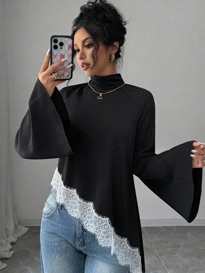 Elenzga Standard Size Black Asymmetric Hem Long Sleeve Contrast Lace Blouse