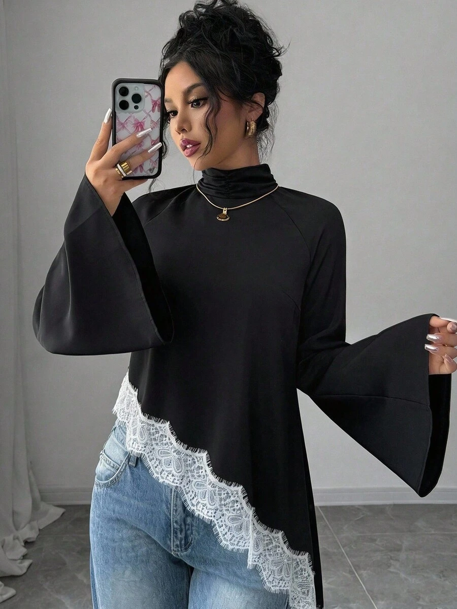 SHEIN Elenzya Standard Size Black Asymmetric Hem Long Sleeve Contrast Lace Blouse - Black - View 1