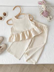 Cozy Pixies 2件套女婴碎花印花撞色蝴蝶结装饰无袖上衣和松紧腰裤套装 - 杏色 - 查看 3