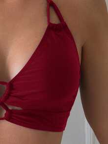 Swim Basics 女士纯色镂空露背挂脖比基尼上衣 - 酒紅色 - 查看 4
