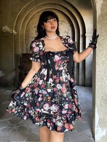 Lyrianda 加大码夏季短袖黑色印花方领迷你连衣裙 - 彩色 - 查看 3