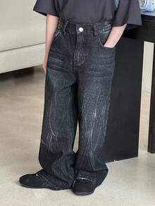 DAZY Tween Boy Pocketed Button Casual Versatile Daily Wear Wide Leg Jeans - Black - View 4