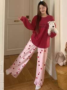 DAZY 2件套女士印花宽松长袖T恤和直筒裤睡衣套装，秋季款 - 酒紅色 - 查看 5