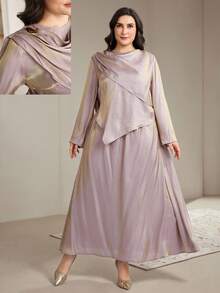 Veilorie Plus Size Women Solid Color Long Sleeve Asymmetric Hem Shirt And Midi Skirt Conservative Arabic Set - Light Grey - View 1