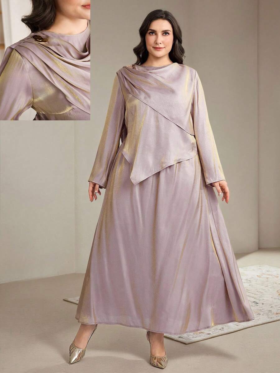 Veilorie Plus Size Women Solid Color Long Sleeve Asymmetric Hem Shirt And Midi Skirt Conservative Arabic Set - Light Grey - View 1