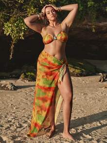 SHEIN BAE Bộ bikini hai mảnh gợi cảm kiểu tie-dye dành cho nữ cỡ lớn, kèm váy, thích hợp mặc đi biển mùa hè. - Nhiều màu - Xem 3