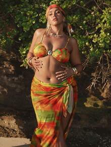 SHEIN BAE Bộ bikini hai mảnh gợi cảm kiểu tie-dye dành cho nữ cỡ lớn, kèm váy, thích hợp mặc đi biển mùa hè. - Nhiều màu - Xem 6